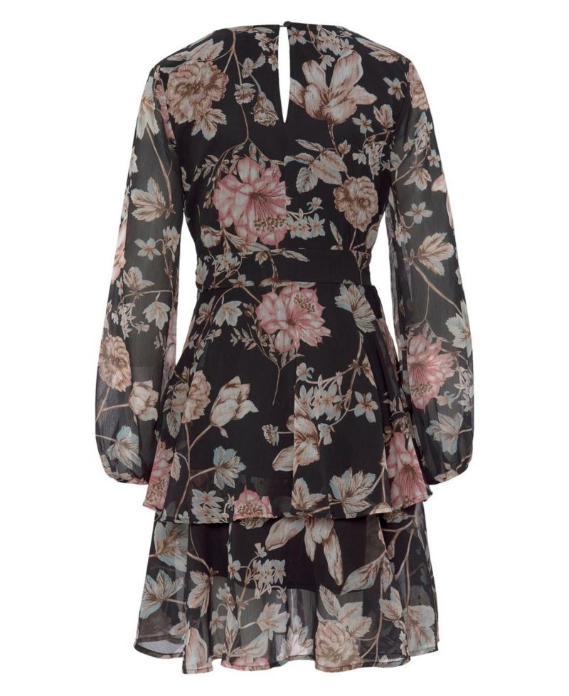 Women's Floral Print Long Sleeve Wrap Surplice-Neck Short Dress