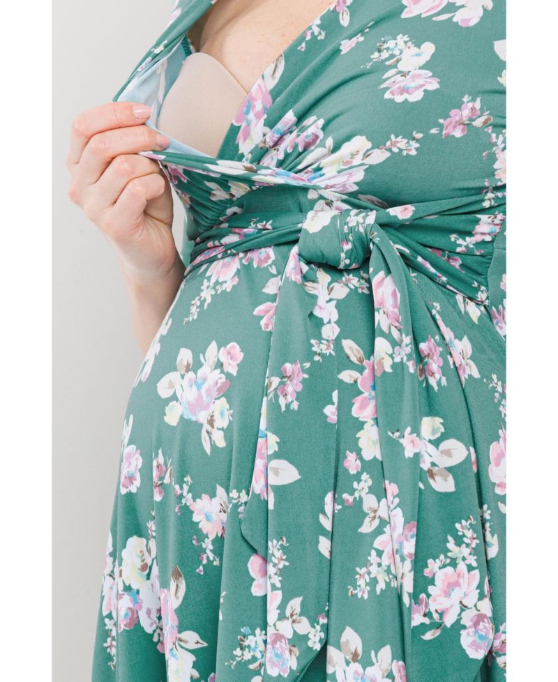 Women's Floral V Neck Wrap Nursing Dress with Tie Waist