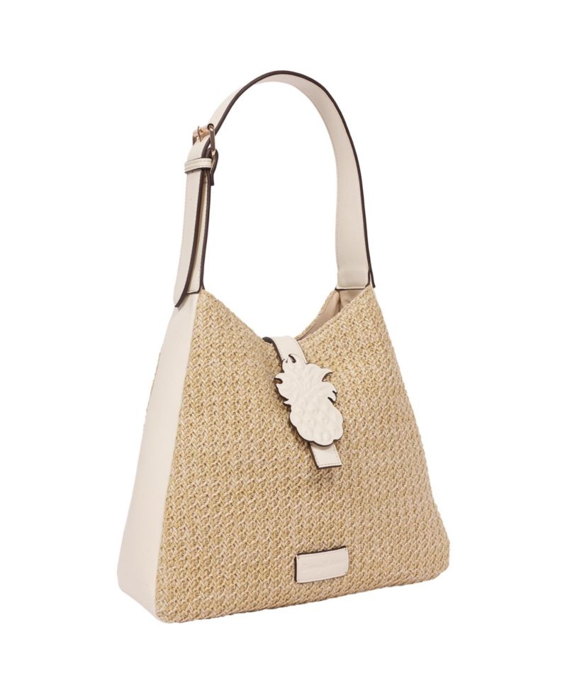 Logo Tab Raffia Hobo Bag - Woven Straw Shoulder Bag with Pineapple Accent