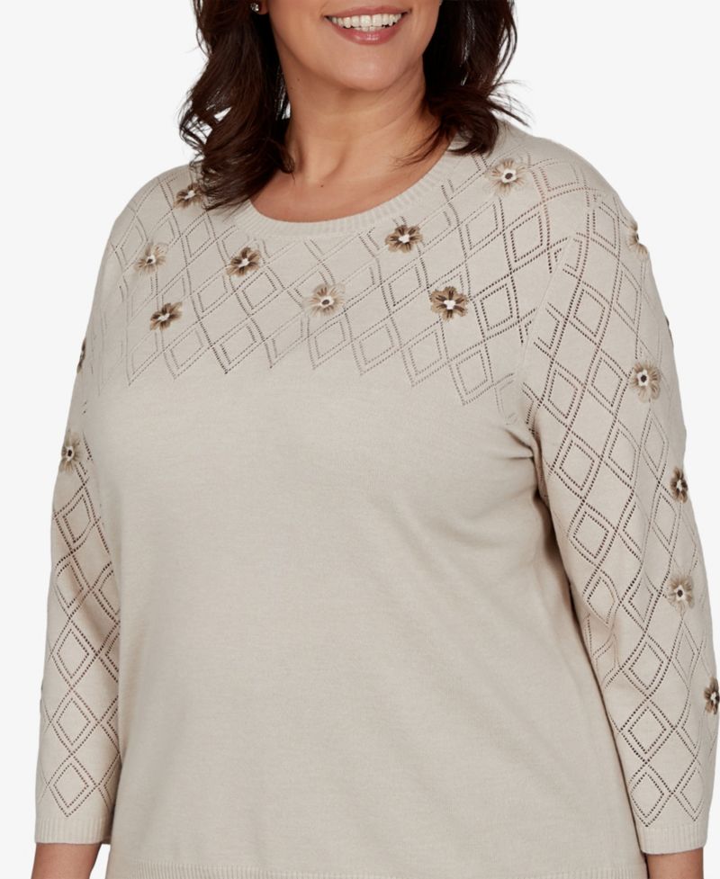 Plus Size 3/4-Sleeve Crewneck Pullover Sweater