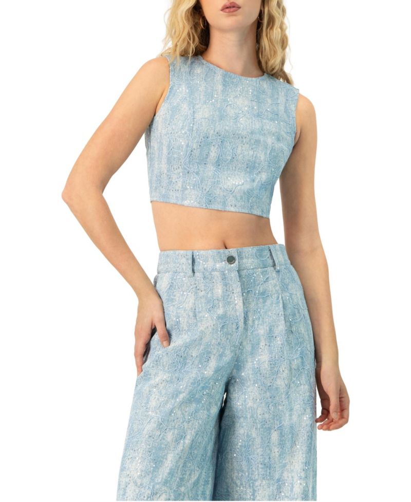 Women's Sleeveless Embroidered Denim Crop Top