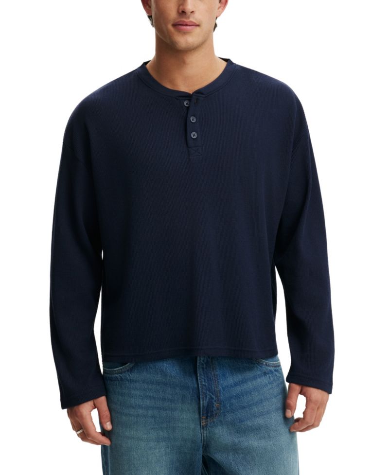 Men's Waffle-Knit Long-Sleeve Relaxed-Fit Cotton-Blend Henley
