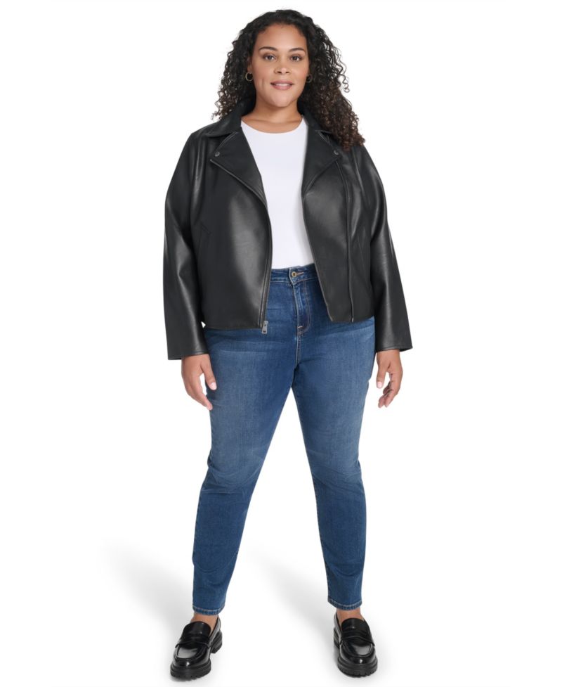 Plus Size Faux-Leather Long Sleeve Moto Jacket