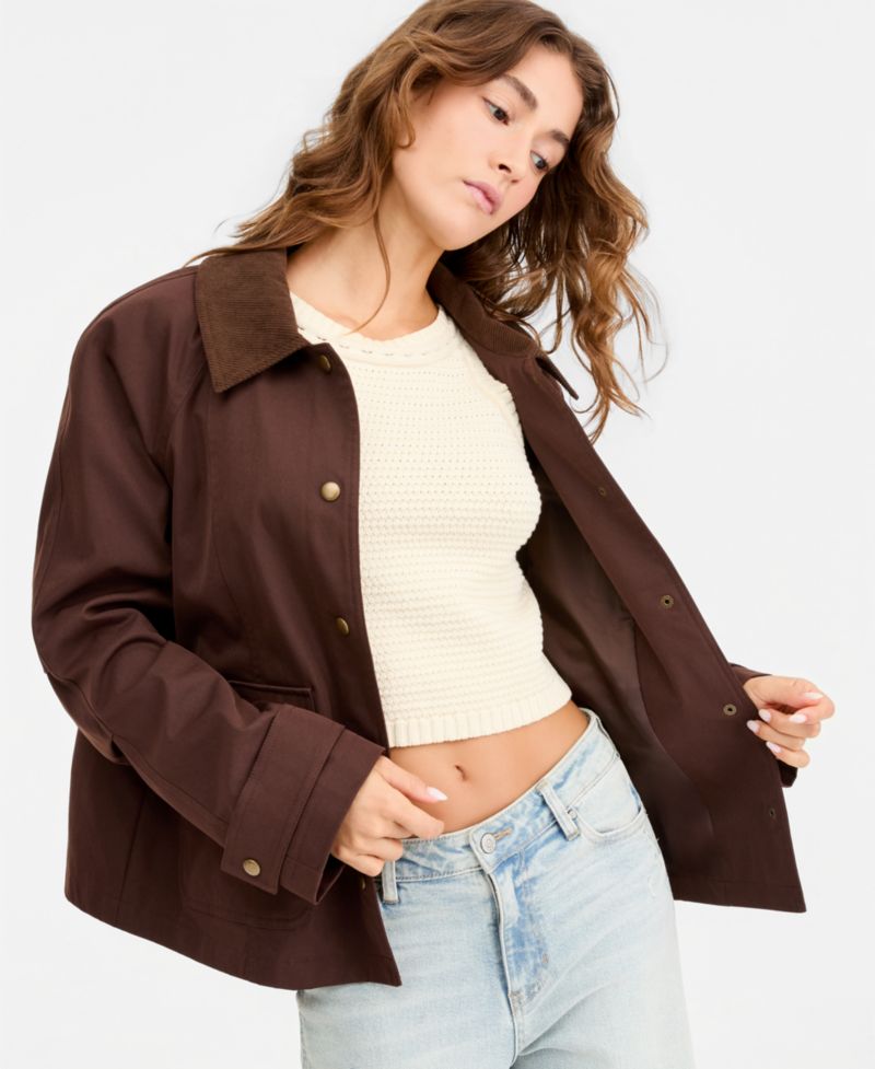 Juniors' Contrast-Collar Snap-Front Barn Jacket