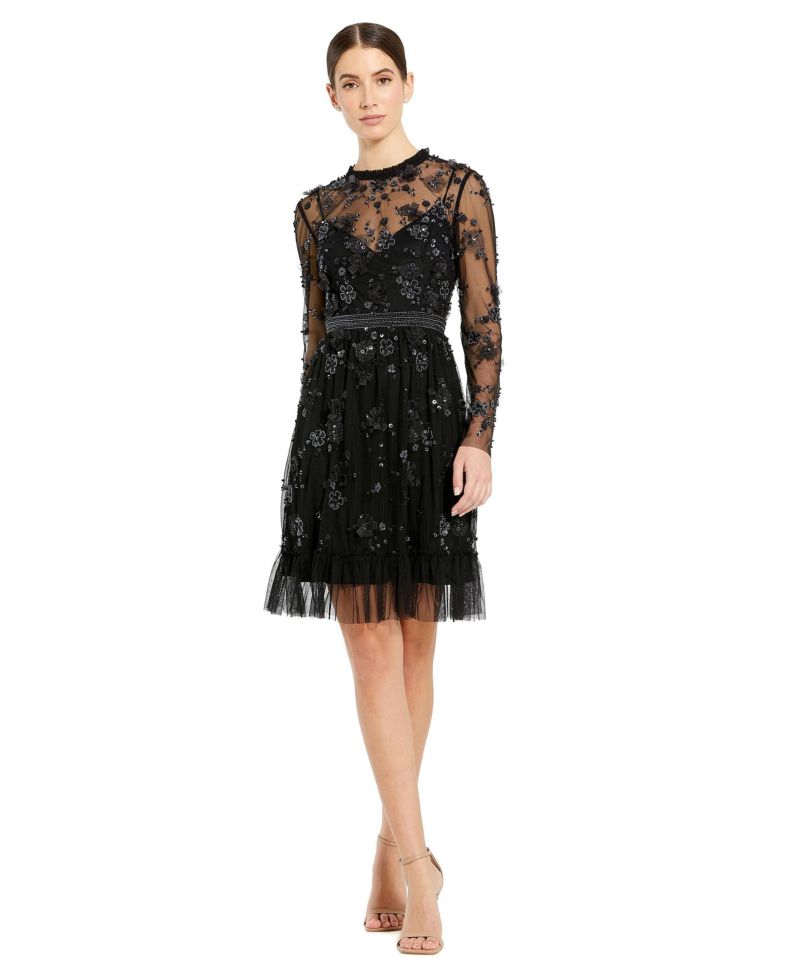 Women's Sheer Long Sleeve Embellished Midi Dress
