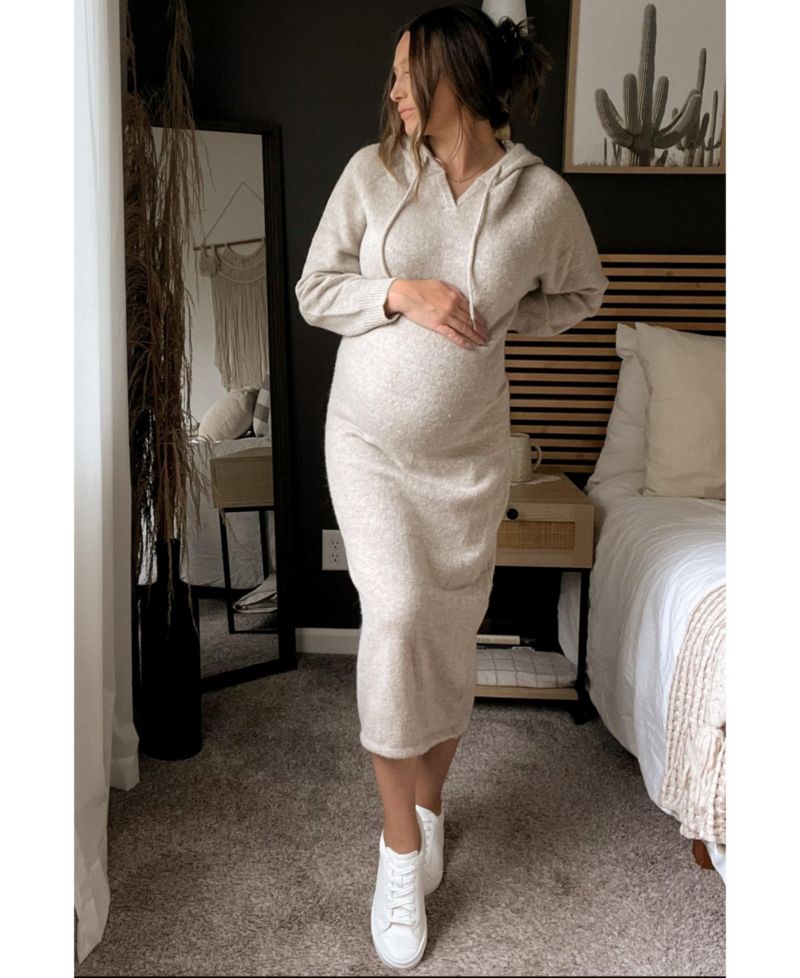Maternity Beige Hooded Sweater Midi Dress