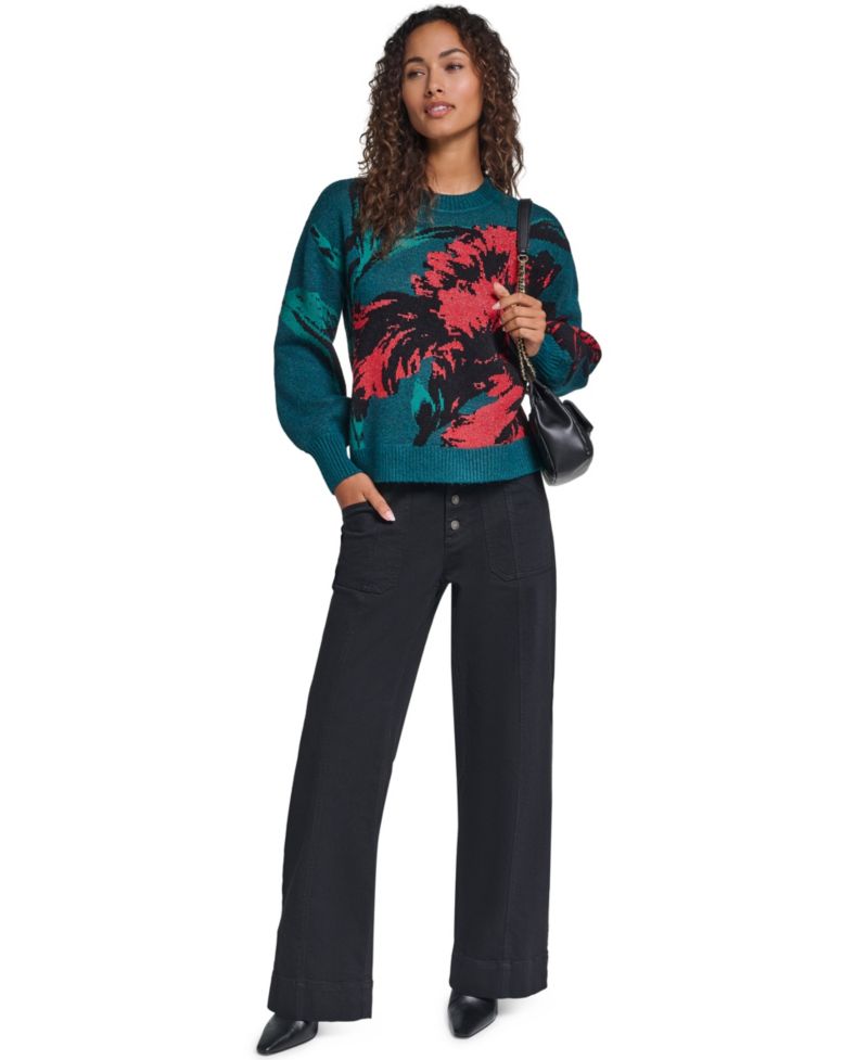 Women's Floral-Print Long-Sleeve Crewneck Sweater