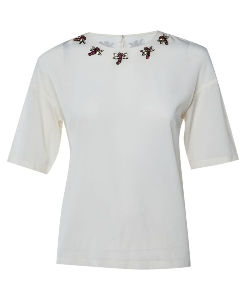 Women's Pre-Owned Dolce and Gabbana Dragonfly Embellished Silk Crepe Blouse
