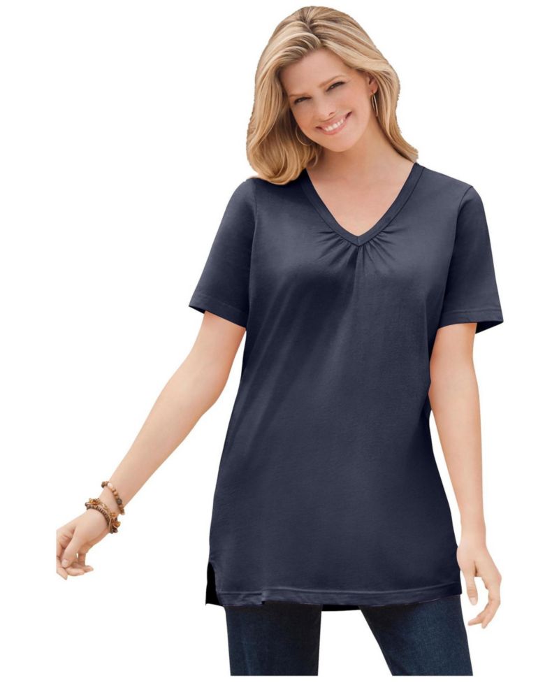 Plus Size Perfect Short-Sleeve Shirred V-neck Tunic