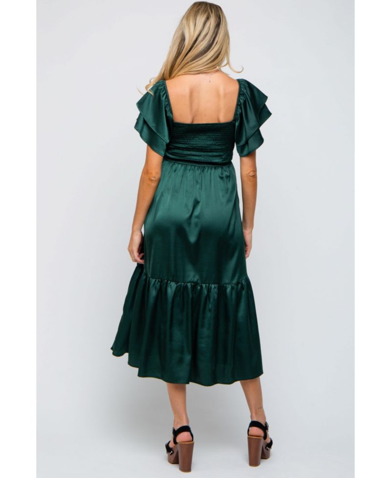 Women's Navy Satin Flutter Sleeve Midi Dress
