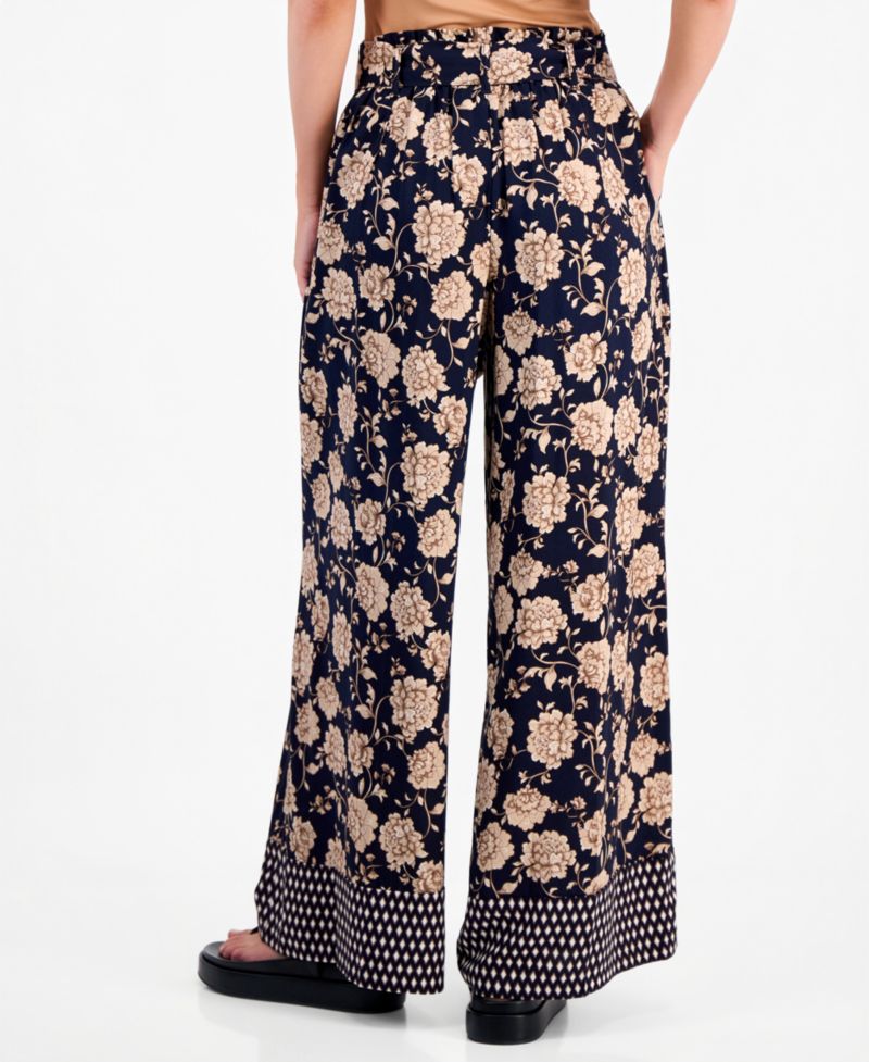Women's Floral-Print Wide-Leg Paperbag-Waist Pants