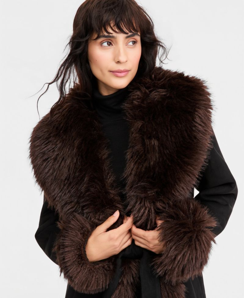 Women's Faux-Fur-Shawl-Collar Faux-Shearling Coat