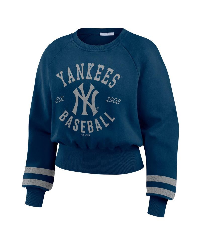 Women's Navy New York Yankees Vintage Washed Cropped Pullover Sweatshirt