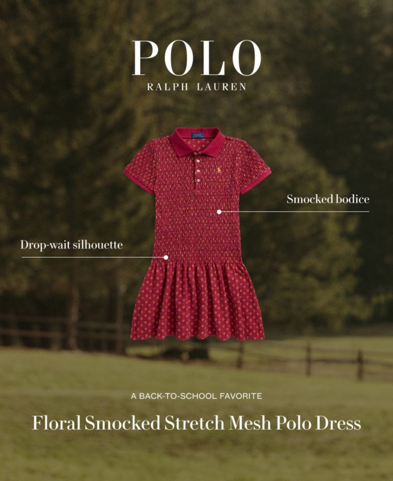 Girls' 7-16 Floral Smocked Stretch Mesh Polo Dress