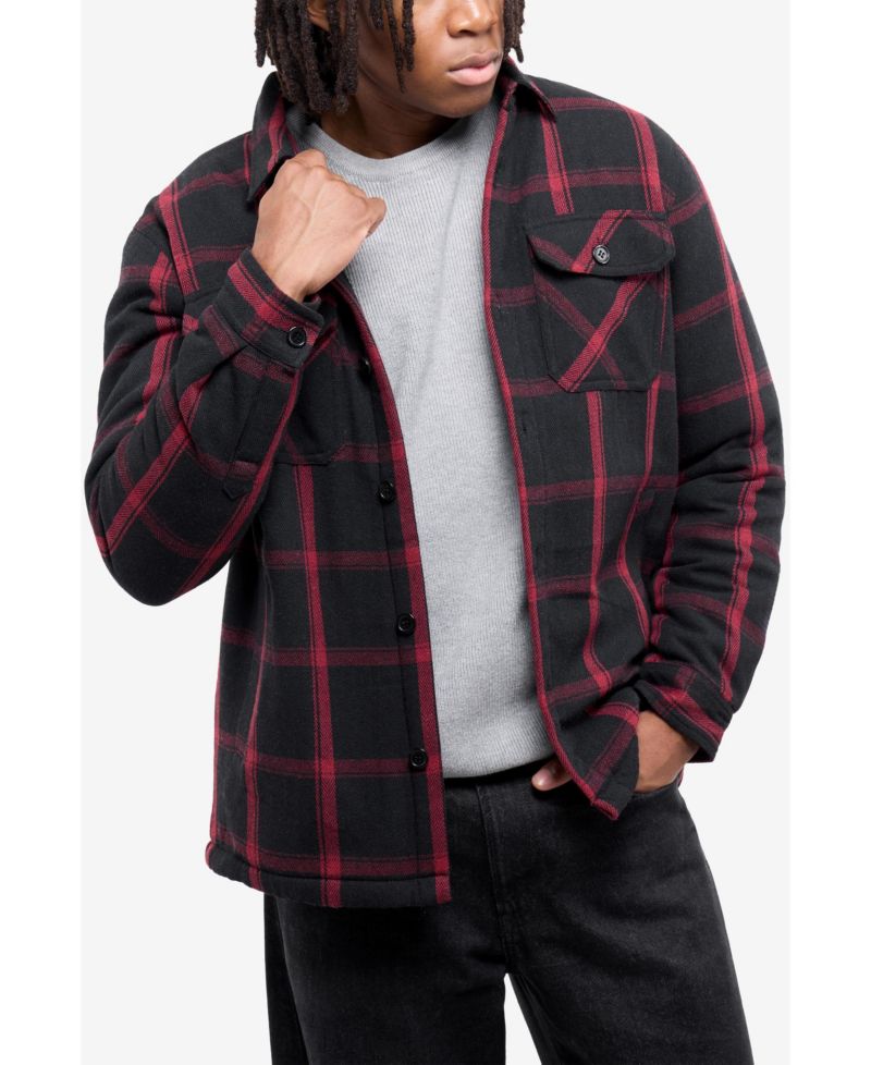 Men's Cotton Plaid Flannel Button-Up Shirt Jacket With Faux Shearling Lining