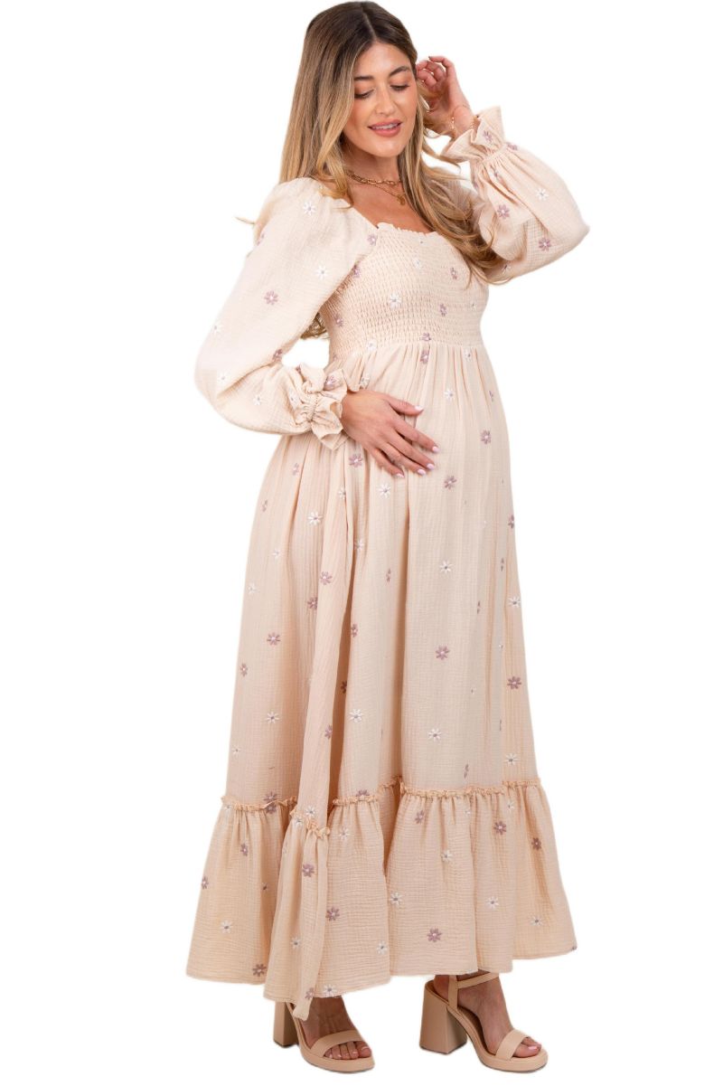 Women's Grey Taupe Long Sleeve Floral Accent Dress