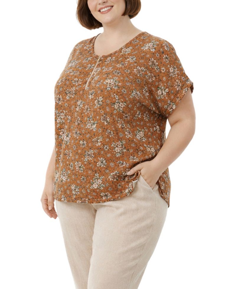 Plus Size Boho Floral Rib Zip Front Dolman Top