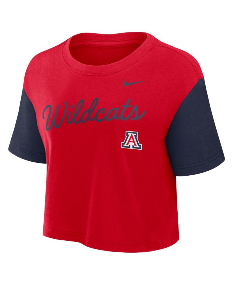 Women's Red/Navy Arizona Wildcats Color Block Script Performance Cropped T-Shirt