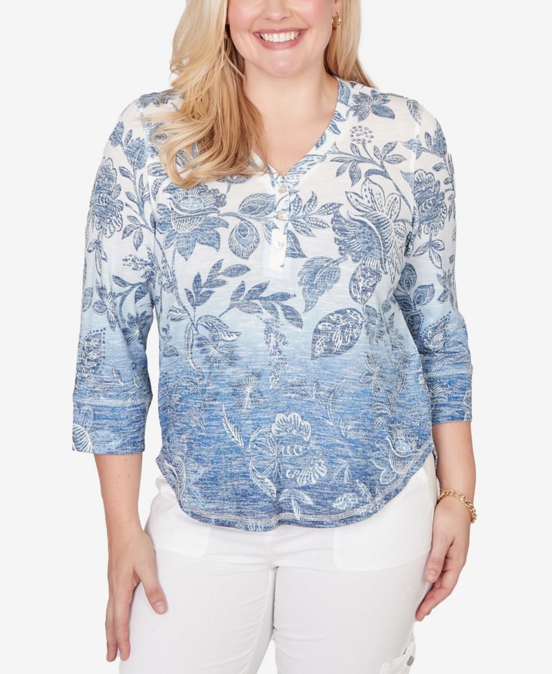 Women's Out of the Blue Ombre Batik Floral Henley V-Neck Top
