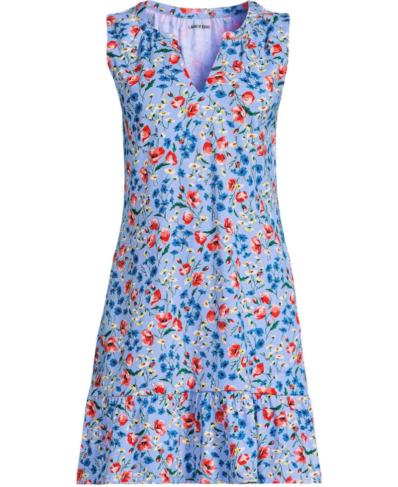 Women's Sleeveless Cotton Jersey Notch Neck Flounce Dress