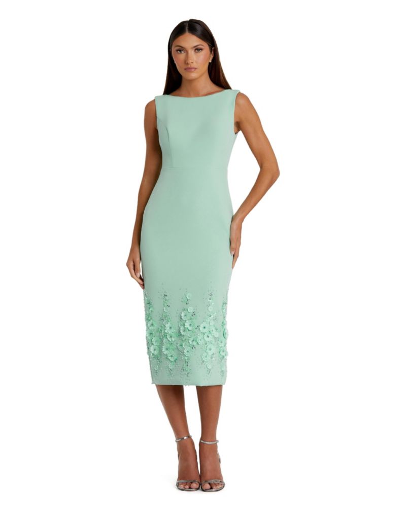 Women's Flower Beading Crepe Sleeveless Midi Dress