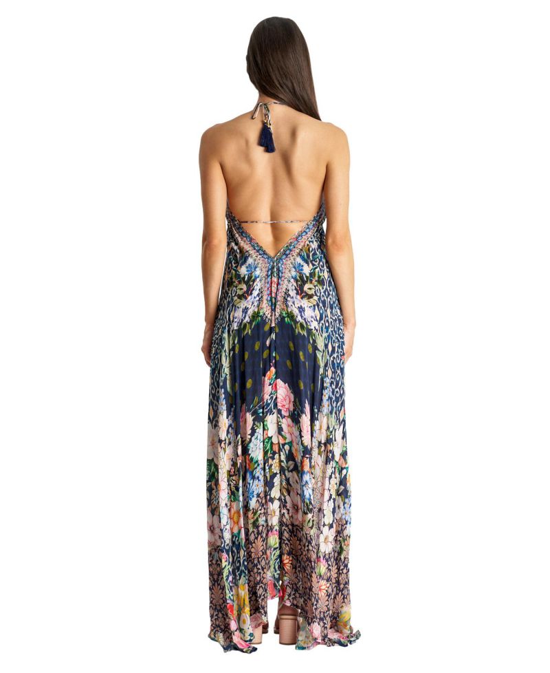 Women's Maxi Tropical Print Halterneck Dress