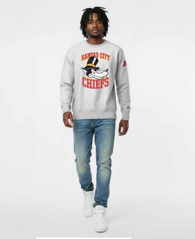 Men's Silver Kansas City Chiefs Disney X Champion Reverse Weave Fleece Crewneck Sweatshirt