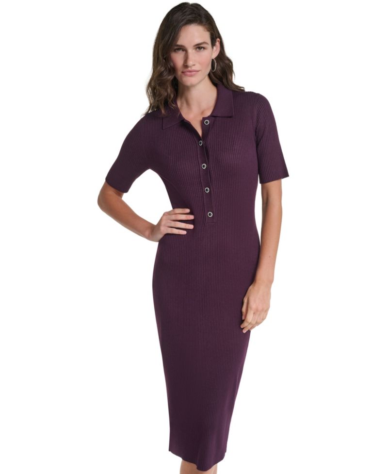 Women's Tiered Ribbed-Knit Collared Midi Sweater Dress