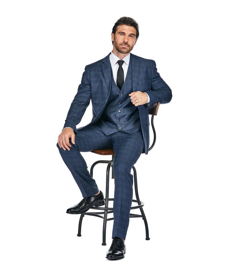 Slim Fit 3PC Tailored Blue Check Men's Suit