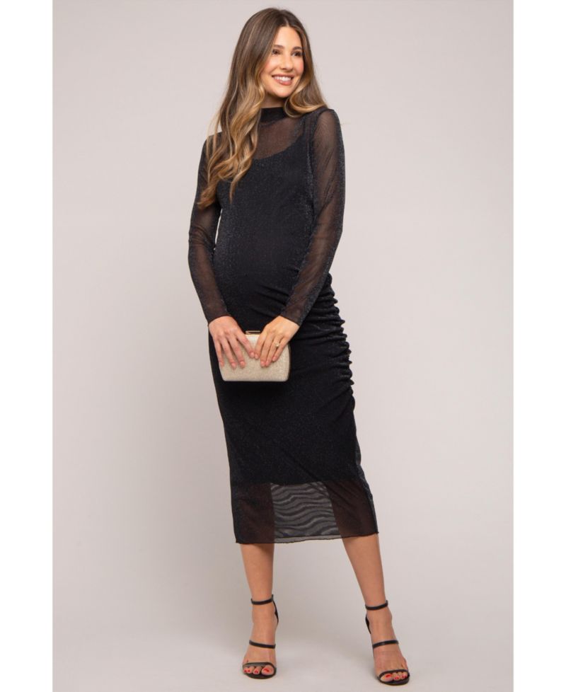 Women's Brown Shimmer Mesh Long Sleeve Ruched Midi Dress