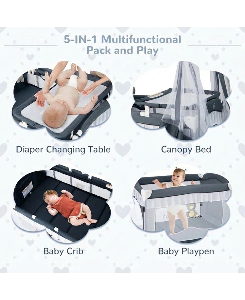 Baby 4-in-1 Convertible Baby Bassinet with Changing Table, Music Box and Wheels