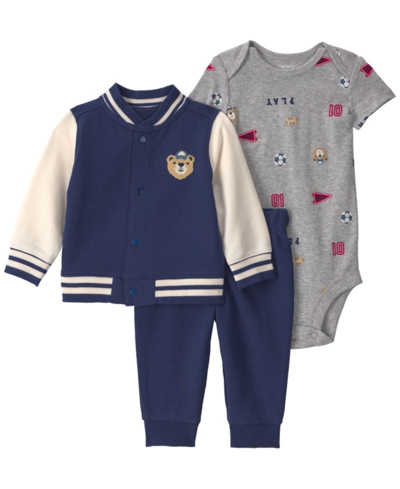 Baby Boys' Bear Sports French Terry Long-Sleeve Jacket, Bodysuit and Pants, 3-Piece Set