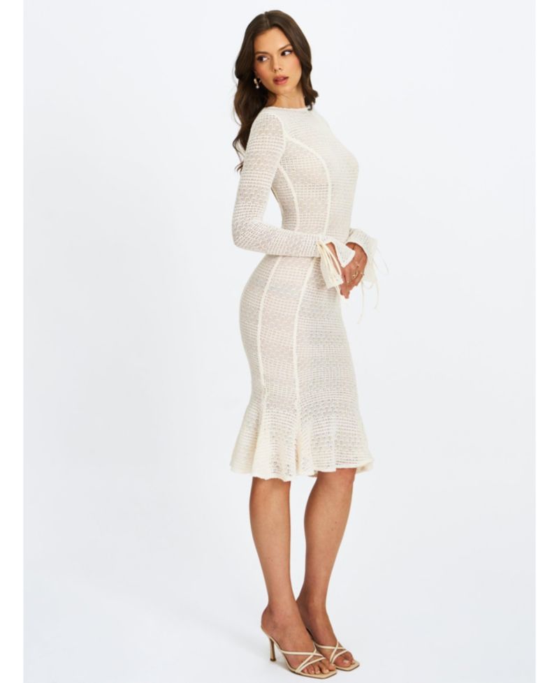 Women's Pamina Beige Crochet Long Sleeve Flare Mermaid Dress