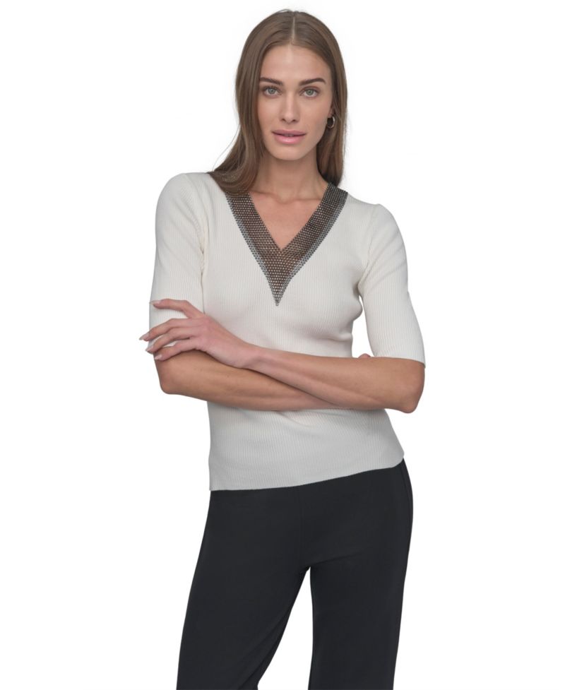 Women's Crystal V-Neck Cable-Knit Embellished Pullover Sweater
