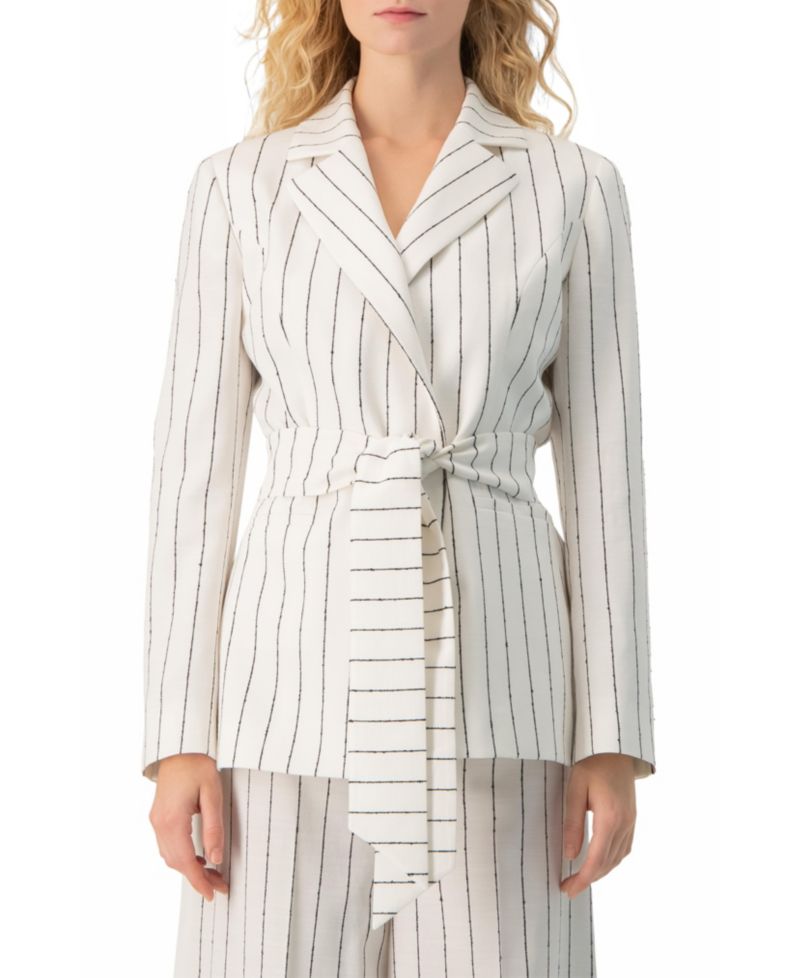Women's Pinstripe Self-Tie Belted Wrap Tailored Blazer