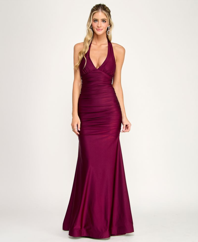 Juniors' Ruched Tie-Back Halter Gown