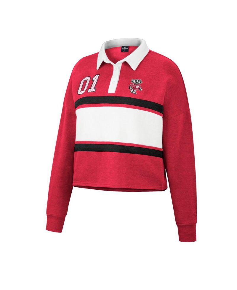 Women's Heather Red Wisconsin Badgers I Love My Job Rugby Long Sleeve Shirt