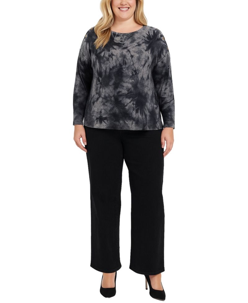 Plus Size Tie Dye Cozy Button Shoulder Long Sleeve Top