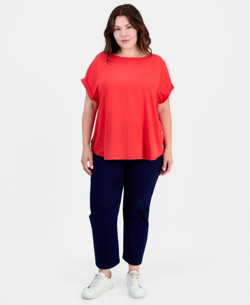 Plus Size Button-Trim Short-Sleeve Top