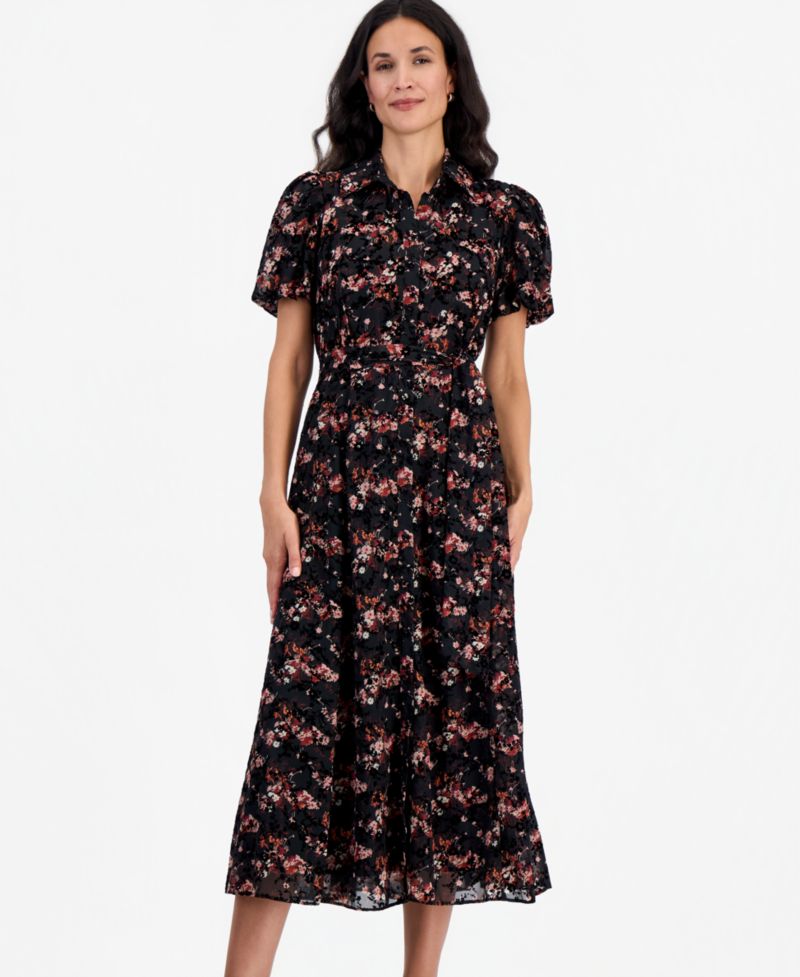 Petite Puff-Sleeve Floral Midi Shirt Dress