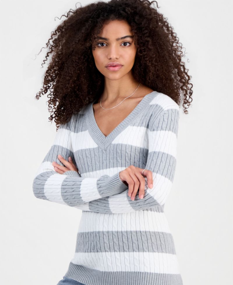 Juniors' Longline V-Neck Cable-Knit Sweater