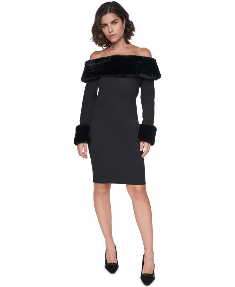 Women's Off-the-Shoulder Faux Fur-Trim Long-Sleeve Dress