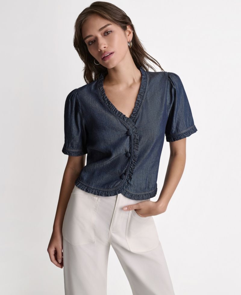 Women's Short-Sleeve Ruffle Detail Button-Front Top