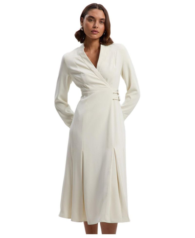 Women's Crepe Buckle Waist Midi Shirt Dress