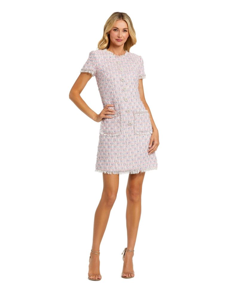 Women's Floral Buttons and Pearl Detailing Boucle Shift Dress
