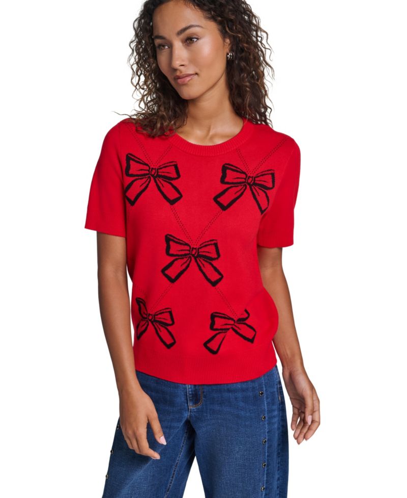 Women's Argyle 3D Bow Short-Sleeve Pullover Sweater