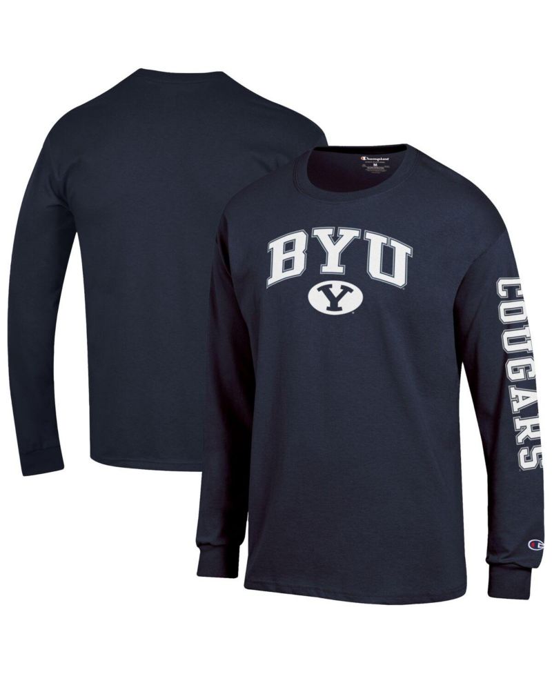 Men's Navy BYU Cougars Arch Over Logo 2-Hit Long Sleeve T-Shirt