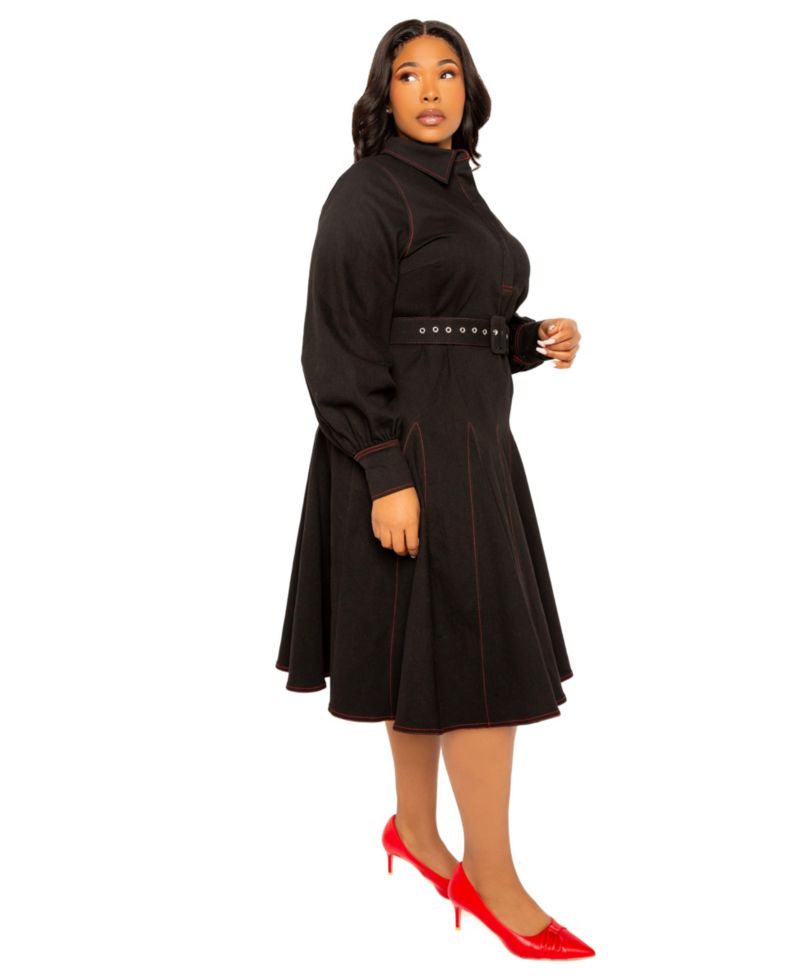 Plus Size Denim Belt Shirt Dress