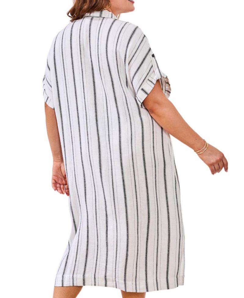 Plus Size Yarn Dye Stripe Flowy Shirt-Dress