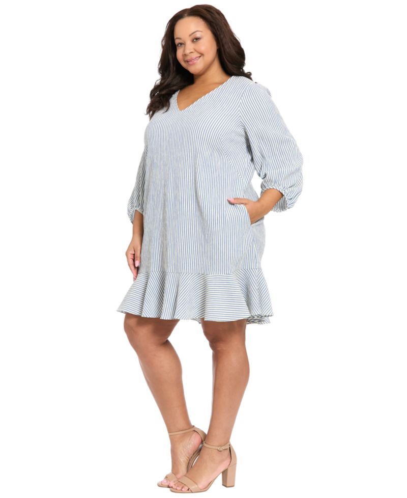 Plus Size 3/4-Length-Sleeve V-Neck Shift Dress